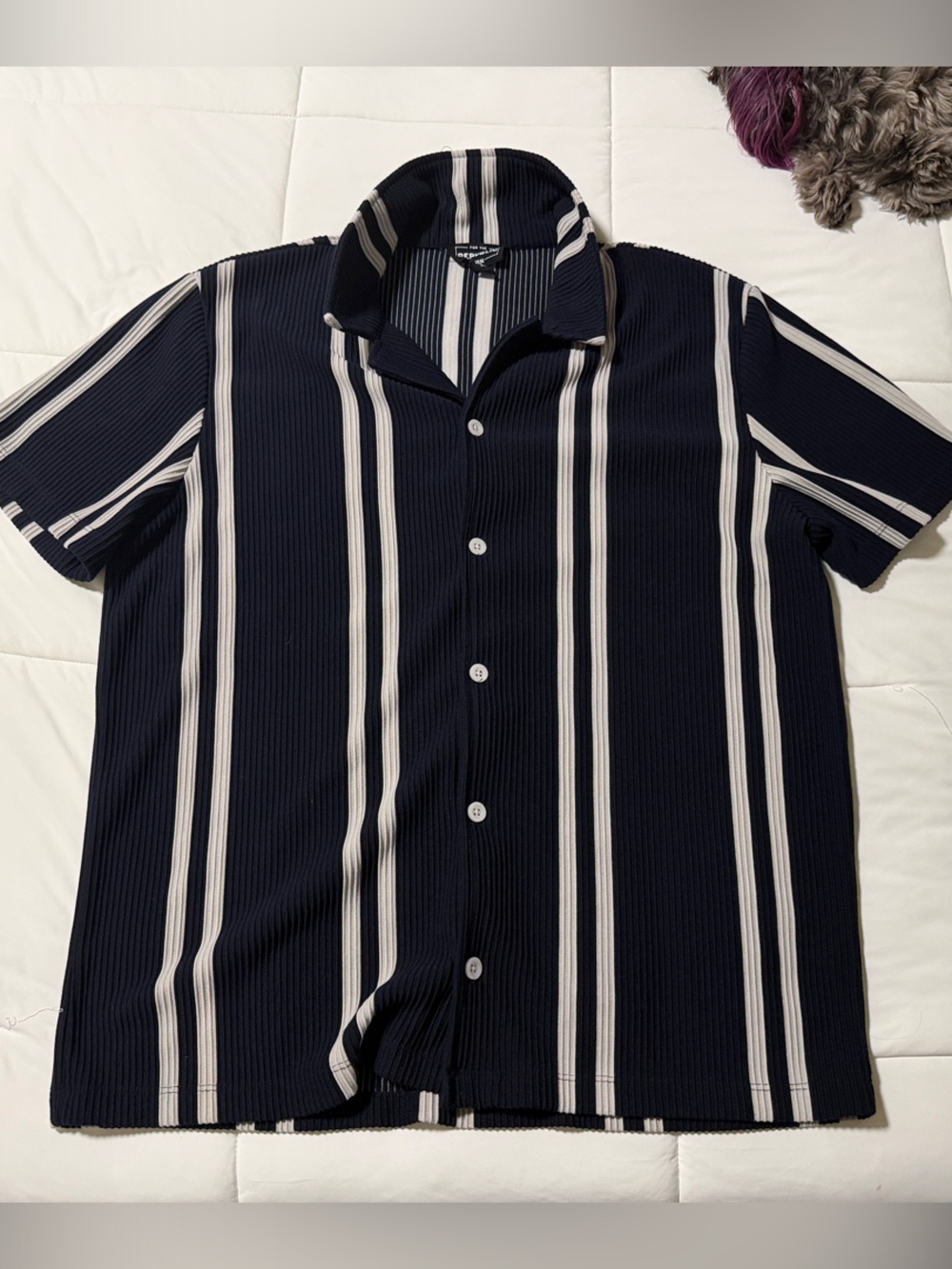 For The Republic Navy and White Vertical Stripe Short-Sleeve Button Shirt